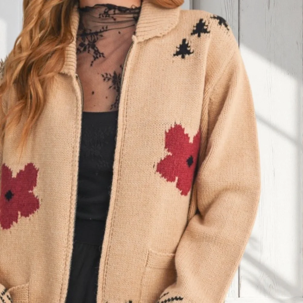 SOLD OUT Taupe Horse Floral Knit Zip Up Western Cardigan Sweater w/ Pockets - Picture 2 of 3